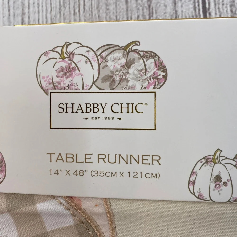 Shabby Chic Table Runner 14x48 Cream Tan Pumpkin Floral Gingham Applique Autumn